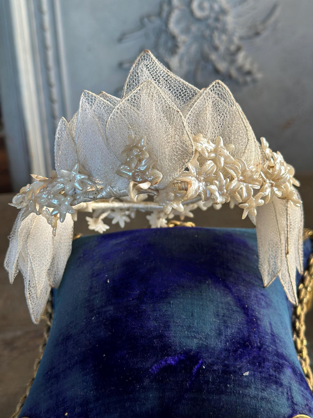 Antique 1940s  Floral Wax Tiara with tulle