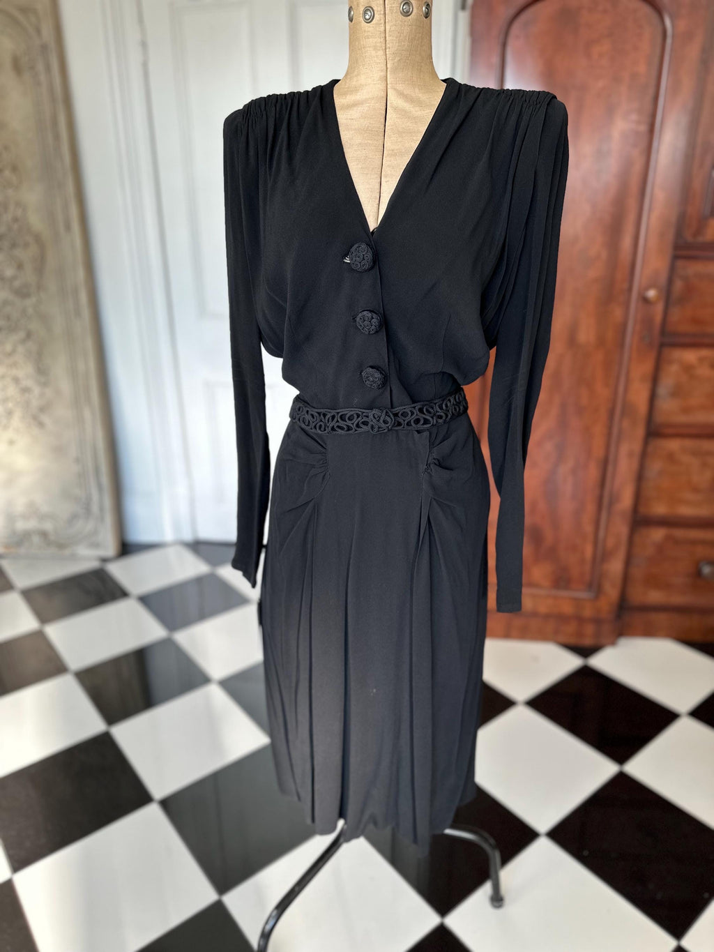 Chic 1940s Black Georgette Dress Embroidered Buttons and Matching Belt set