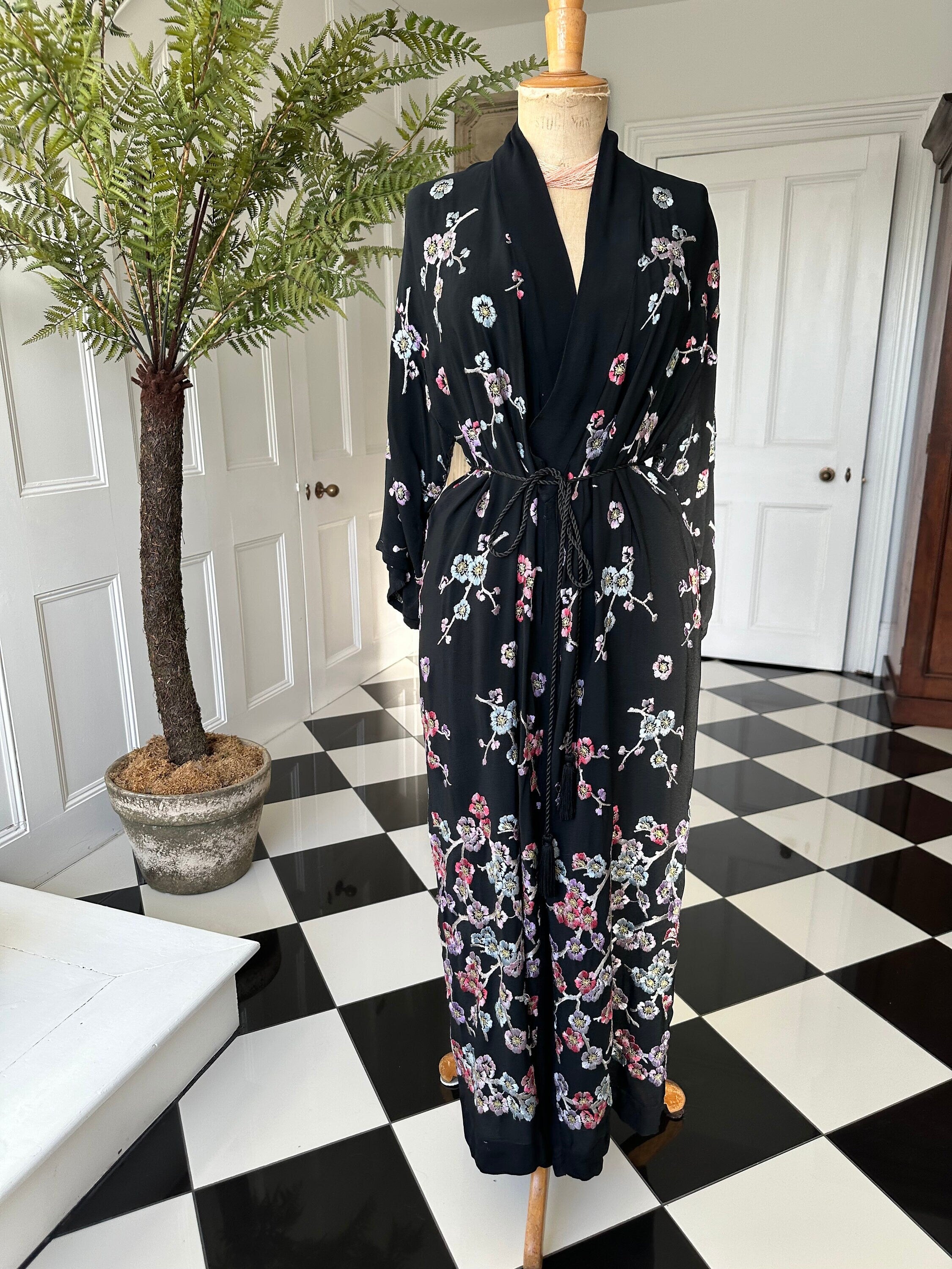 1930s black kimono with pastel colour silk flowers embroidery