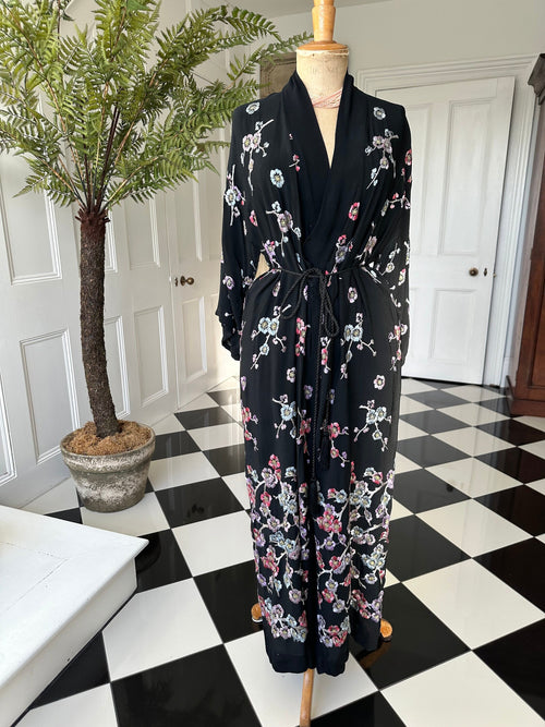 1930s black kimono with pastel colour silk flowers embroidery