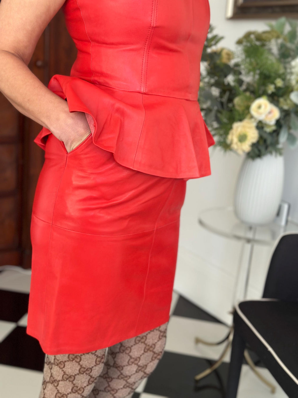 Vintage red 1980 genuine leather strapless  Dress with  peplum