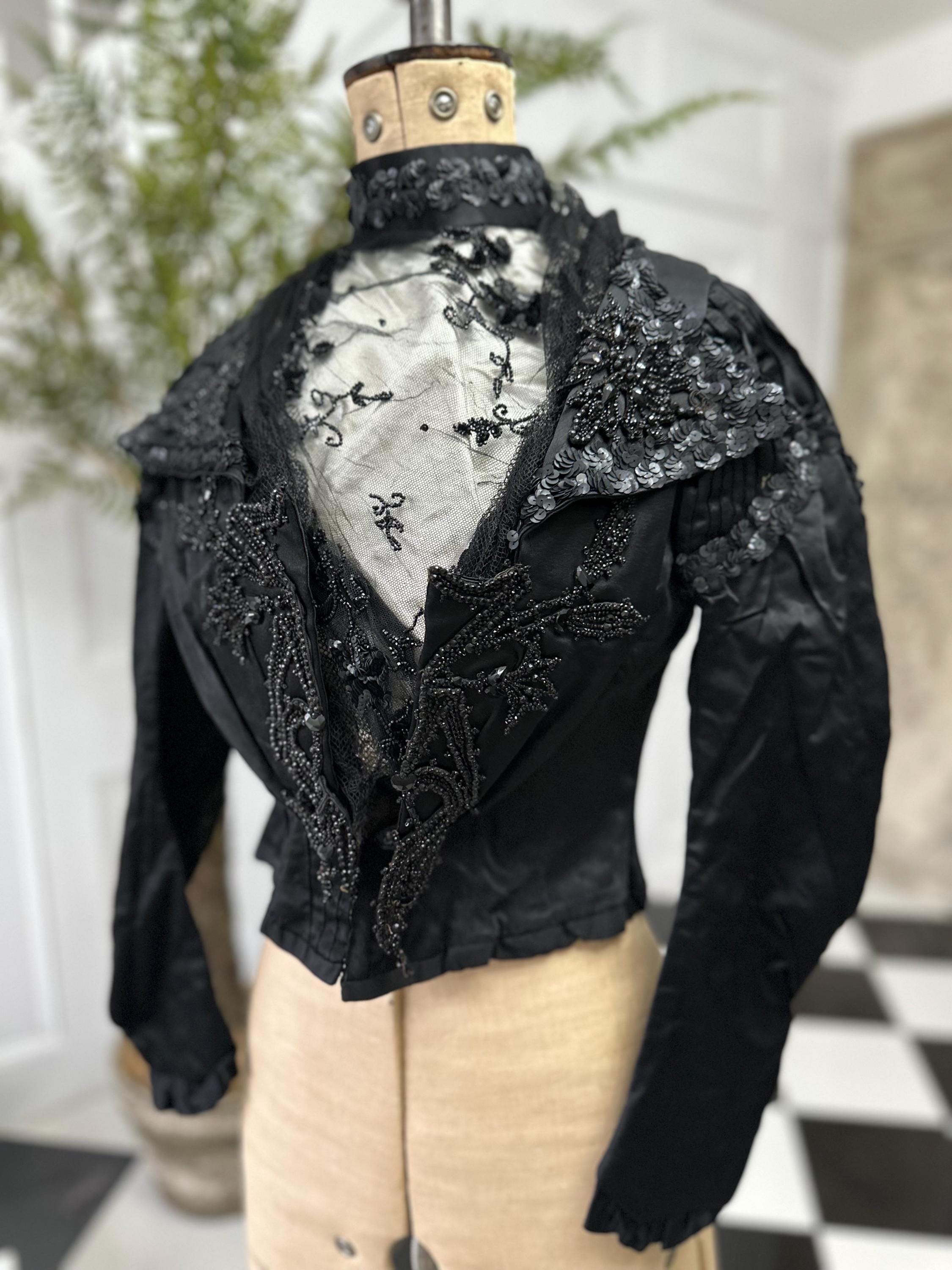 Antique Black Silk Satin Dress: Sequin Beaded Tulle Bodice, Collectible Vintage