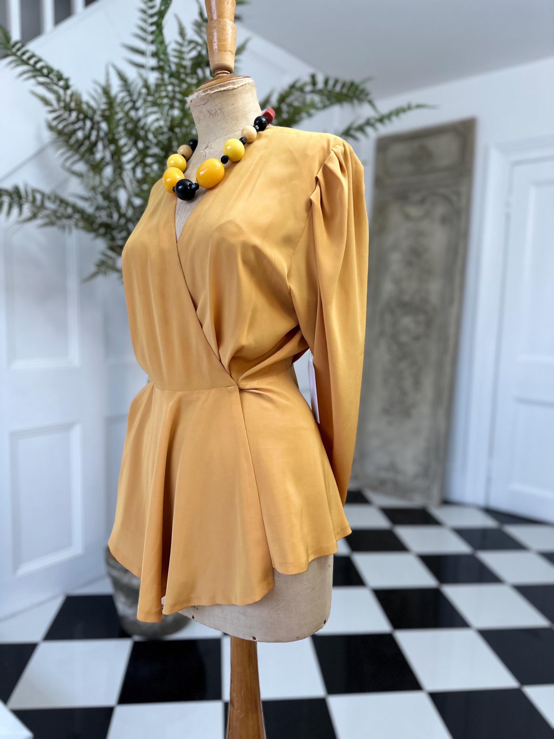 Vintage 1980s silk long sleeve wrap blouse in mustard