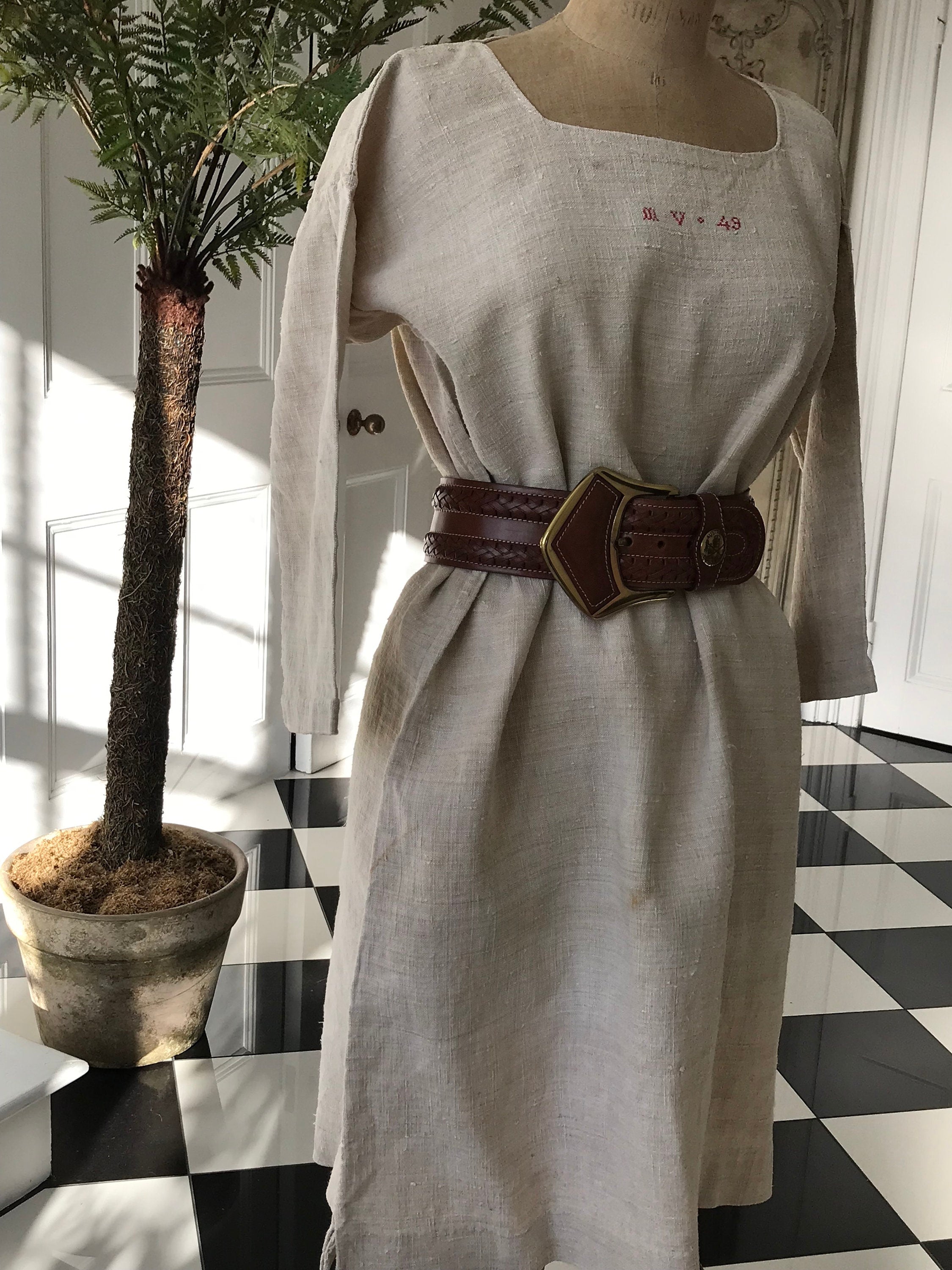 French 1800s Rustic farmers shirt dress hemp linen with monogram MV 49