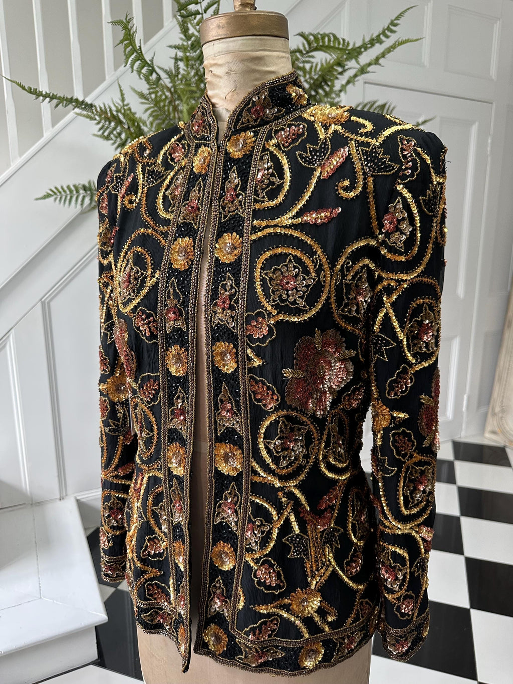 1990s Silk with bronze and gold  sequin long sleeve jacket