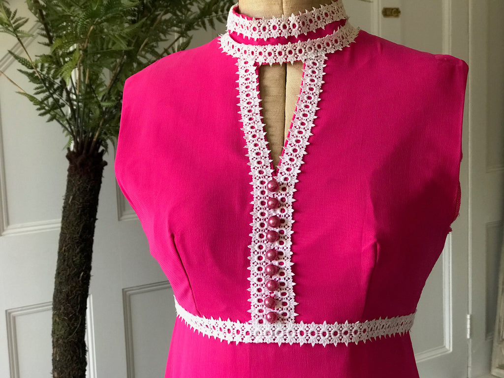Vintage 1970s Sleeveless hot pink chiffon maxi dress with pearl buttons