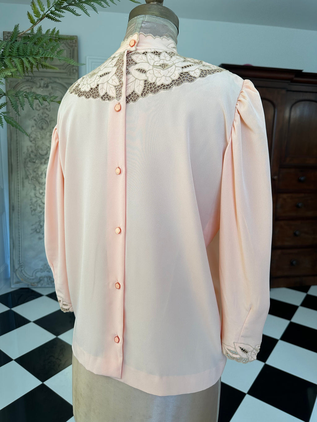 Vintage peach cut out lace high neck blouse