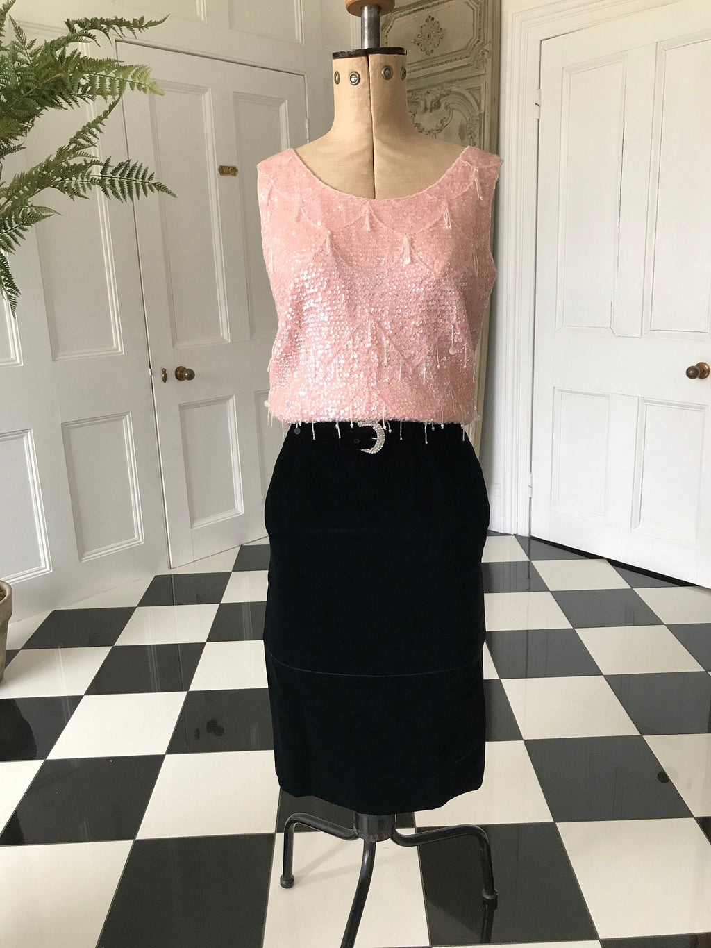 1960s Designer black velvet with crystal belt   Elizabeth Arden Andre Laug for Audrey