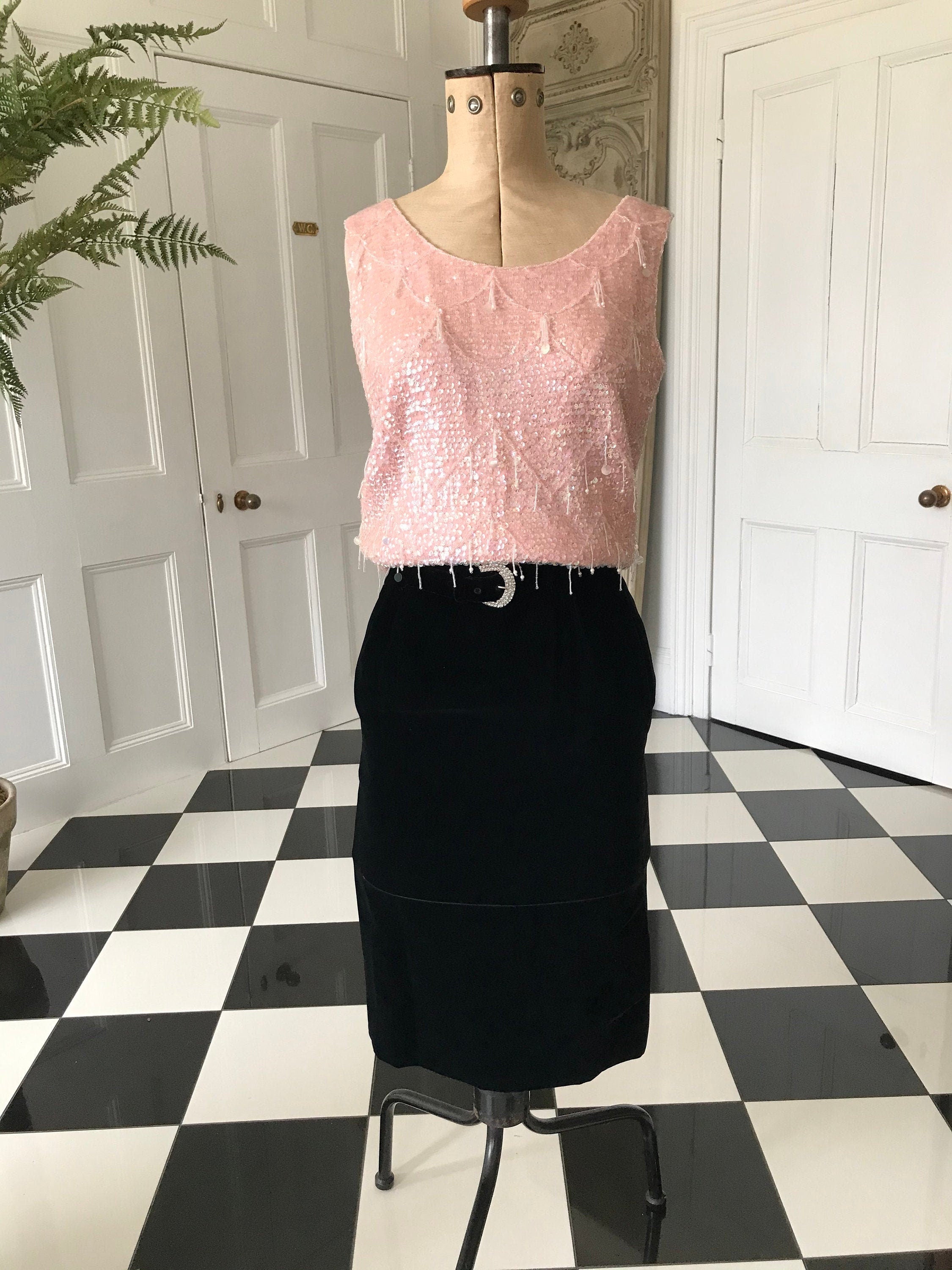 1960s Designer black velvet with crystal belt   Elizabeth Arden Andre Laug for Audrey