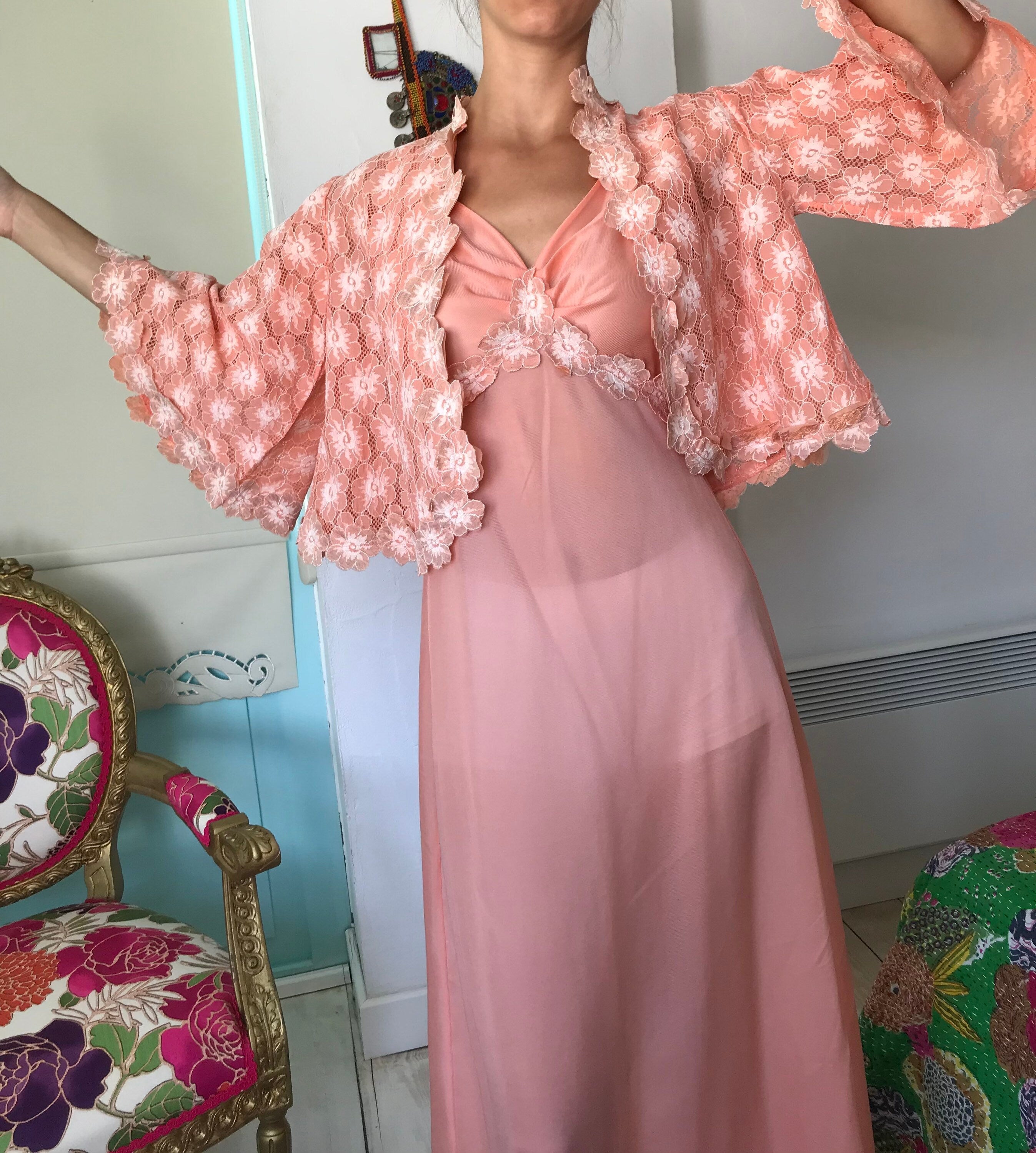 1970s long plunge neck lingerie slip dress