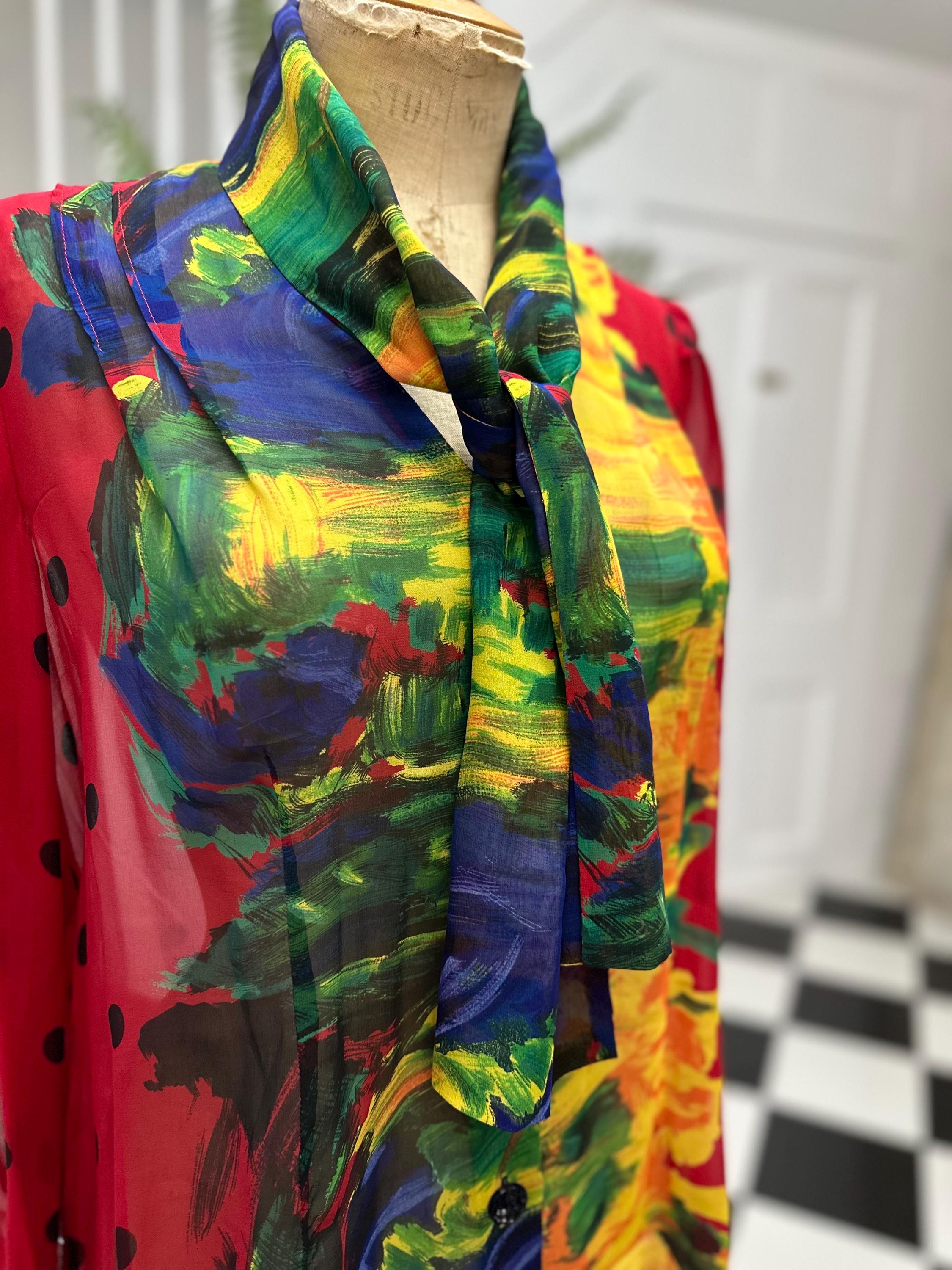 1980s Silk Crepe Blouse: Red Polka Dot Long Sleeve with Pussy Bow