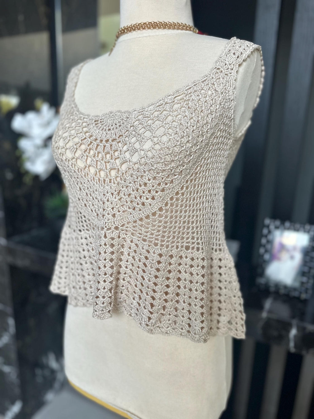 Hand Crocheted Beige Tank Top – Boho Lace Knit Sleeveless Peplum Shirt