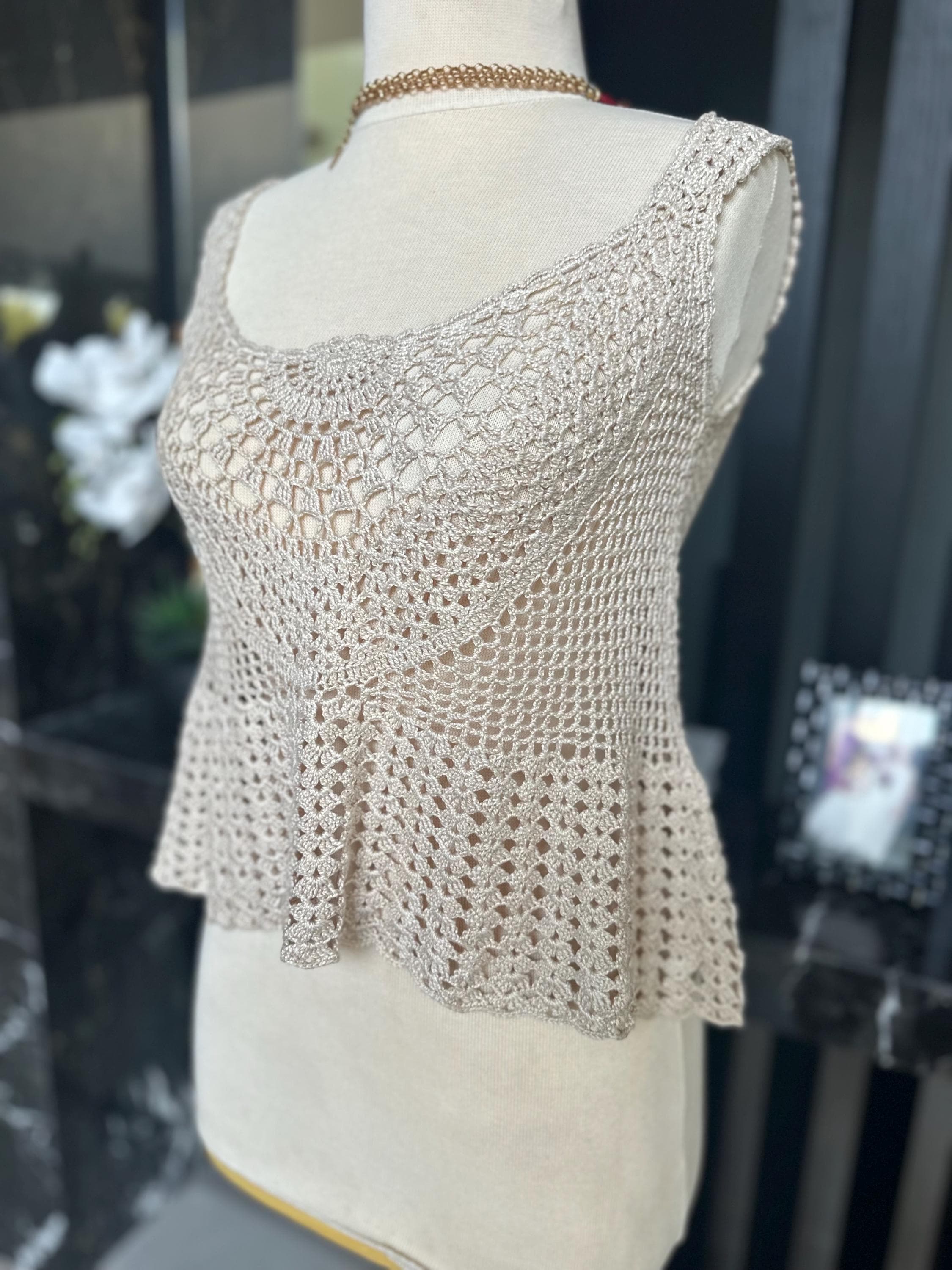 Hand Crocheted Beige Tank Top – Boho Lace Knit Sleeveless Peplum Shirt