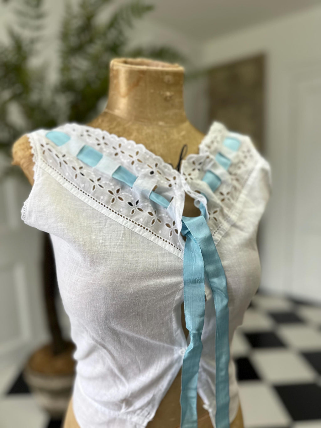 Elegant Edwardian Victorian Corset Cover with blue ribbon