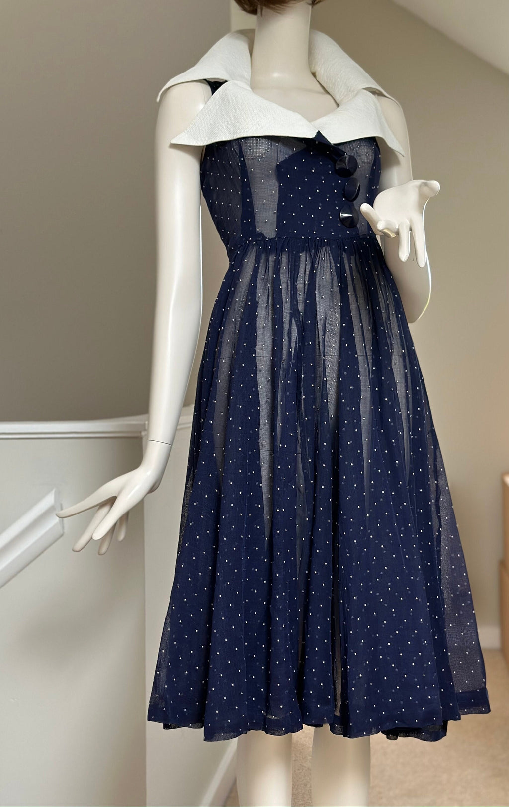 1940s Muslin Navy and white polka dot full skirt dress with extra large collar