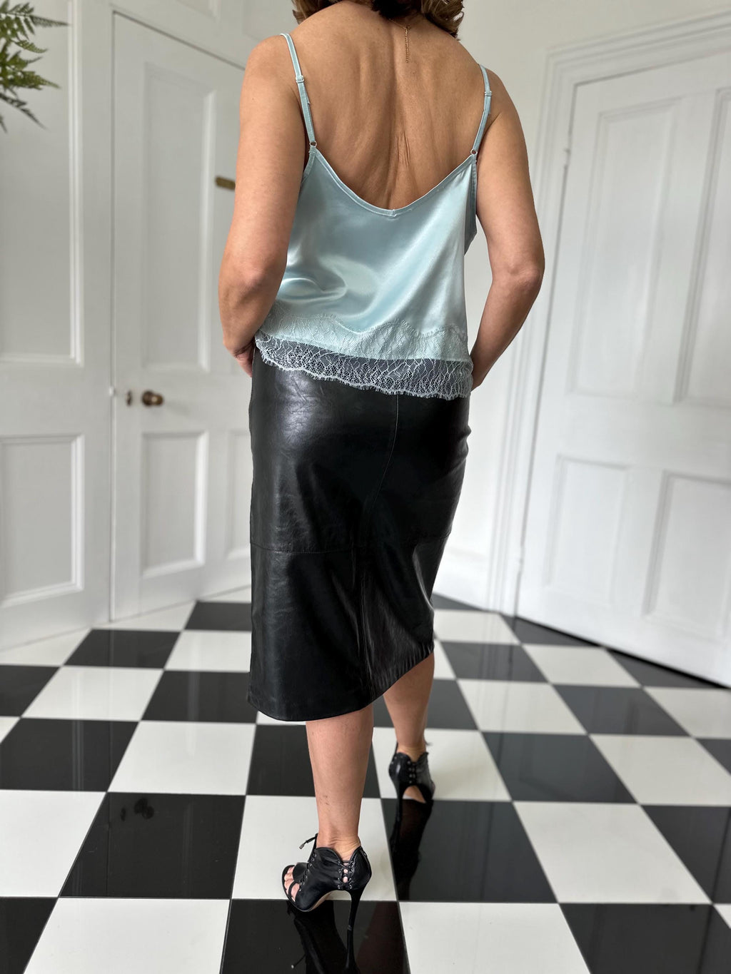 Vintage duck egg blue camisole with romantic lace
