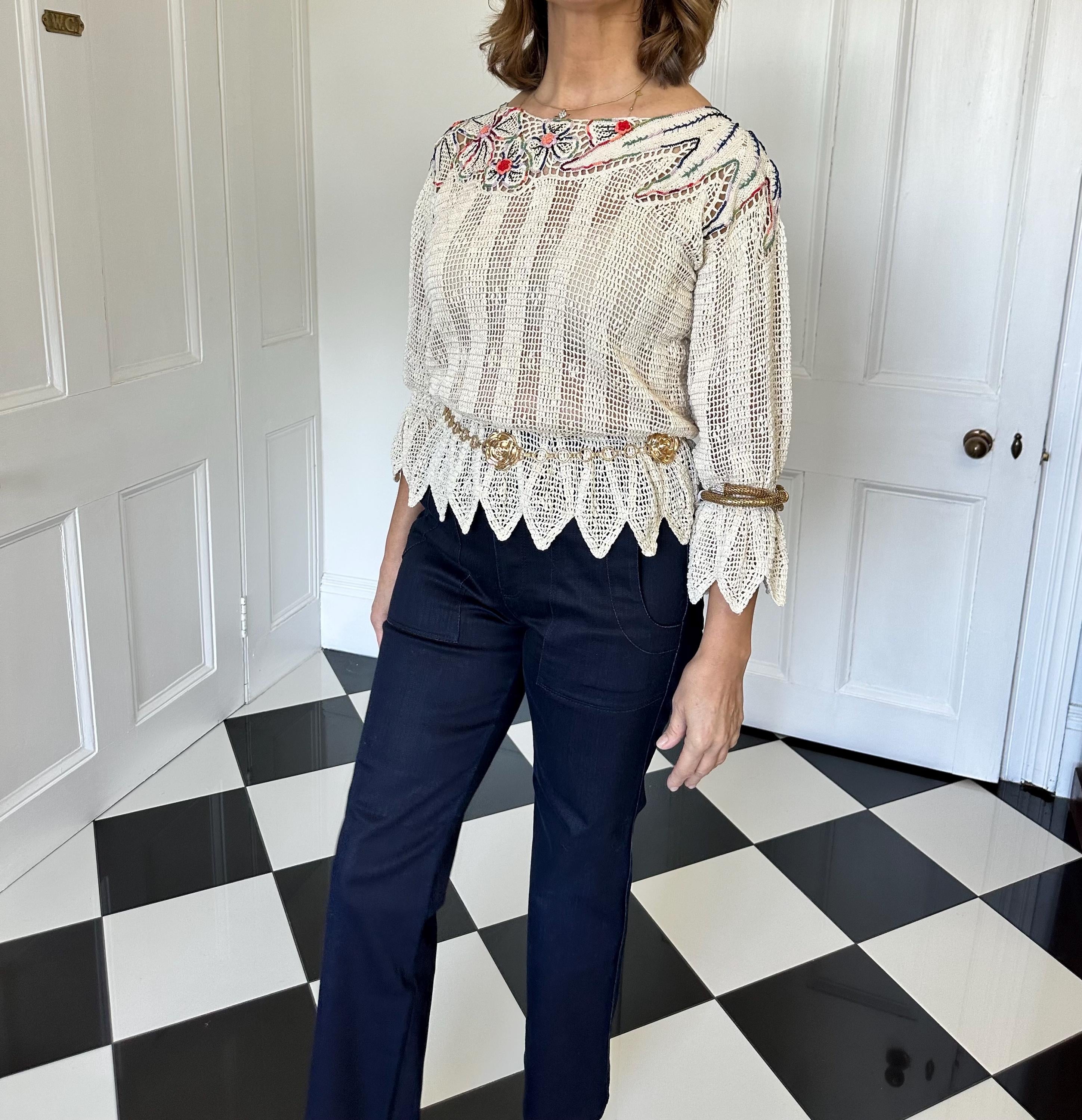 Vintage 1970 hand crochet floral lace blouse