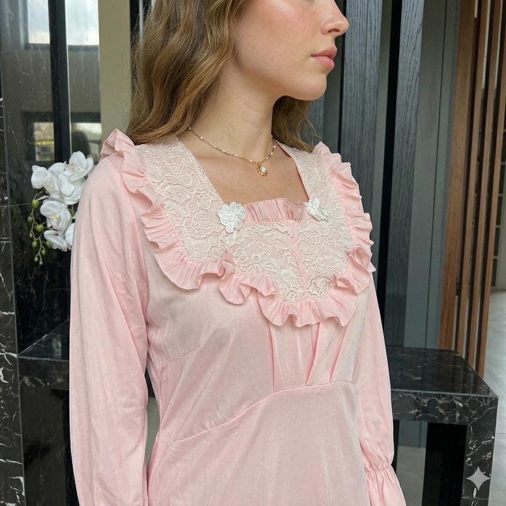Vintage 1940s Pink Rayon Maxi Dress – Lace Ruffle Bodice, Victorian Sleepwear Gown