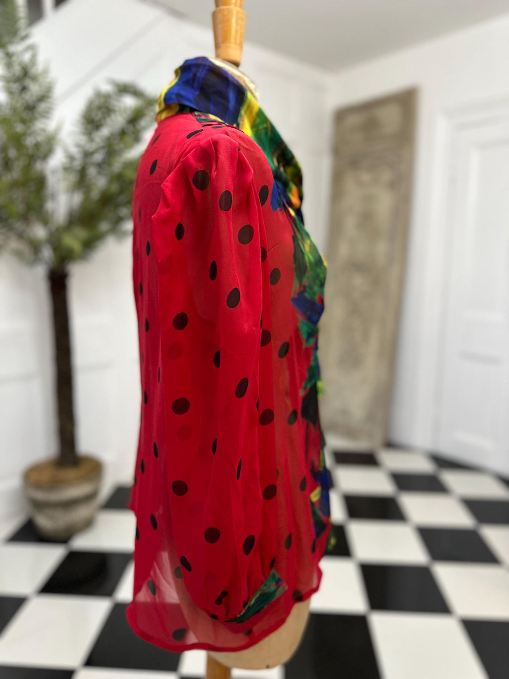 1980s Silk Crepe Blouse: Red Polka Dot Long Sleeve with Pussy Bow