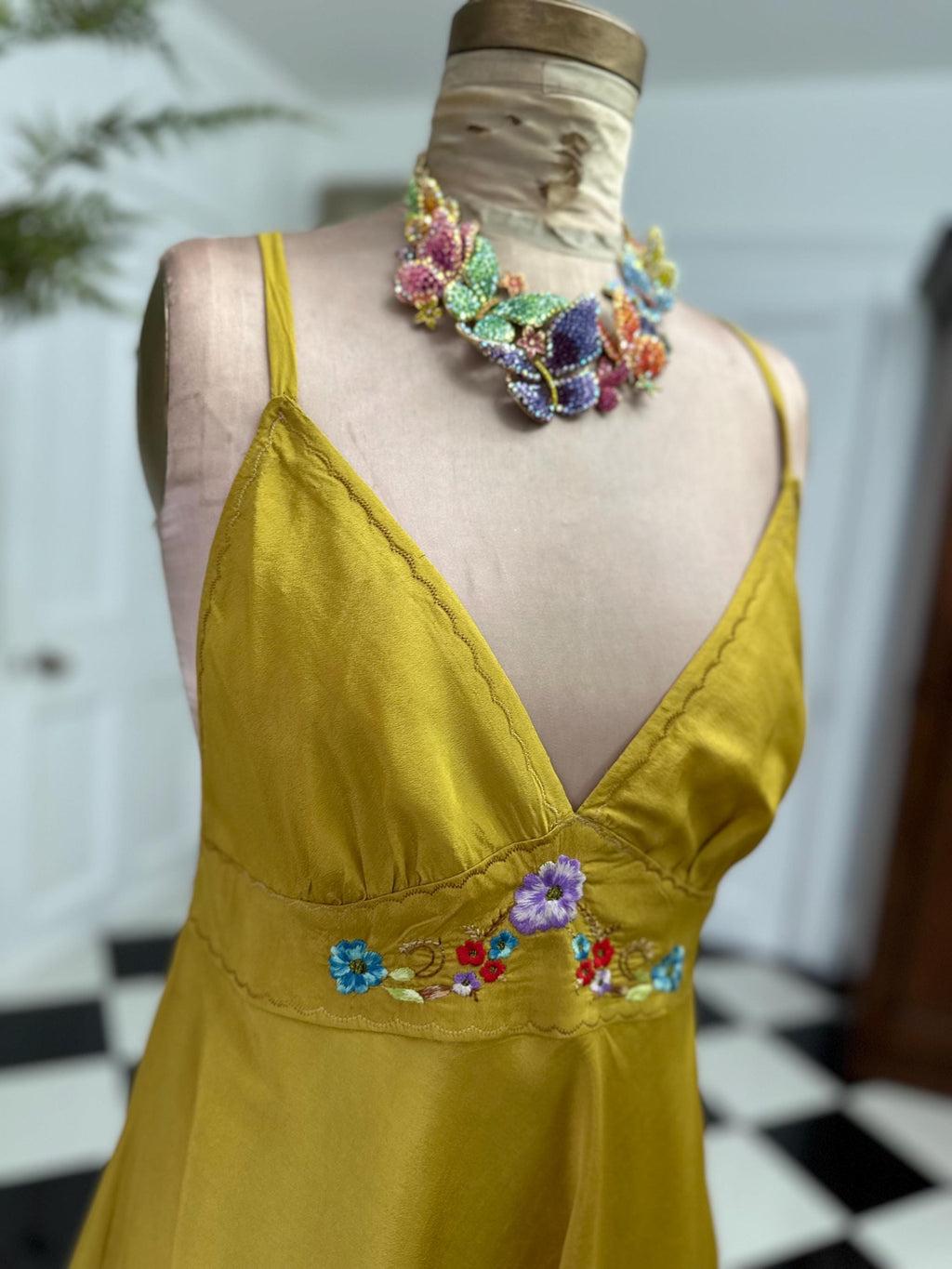 Vintage Mustard Cross Back Silky Mini Slip Dress