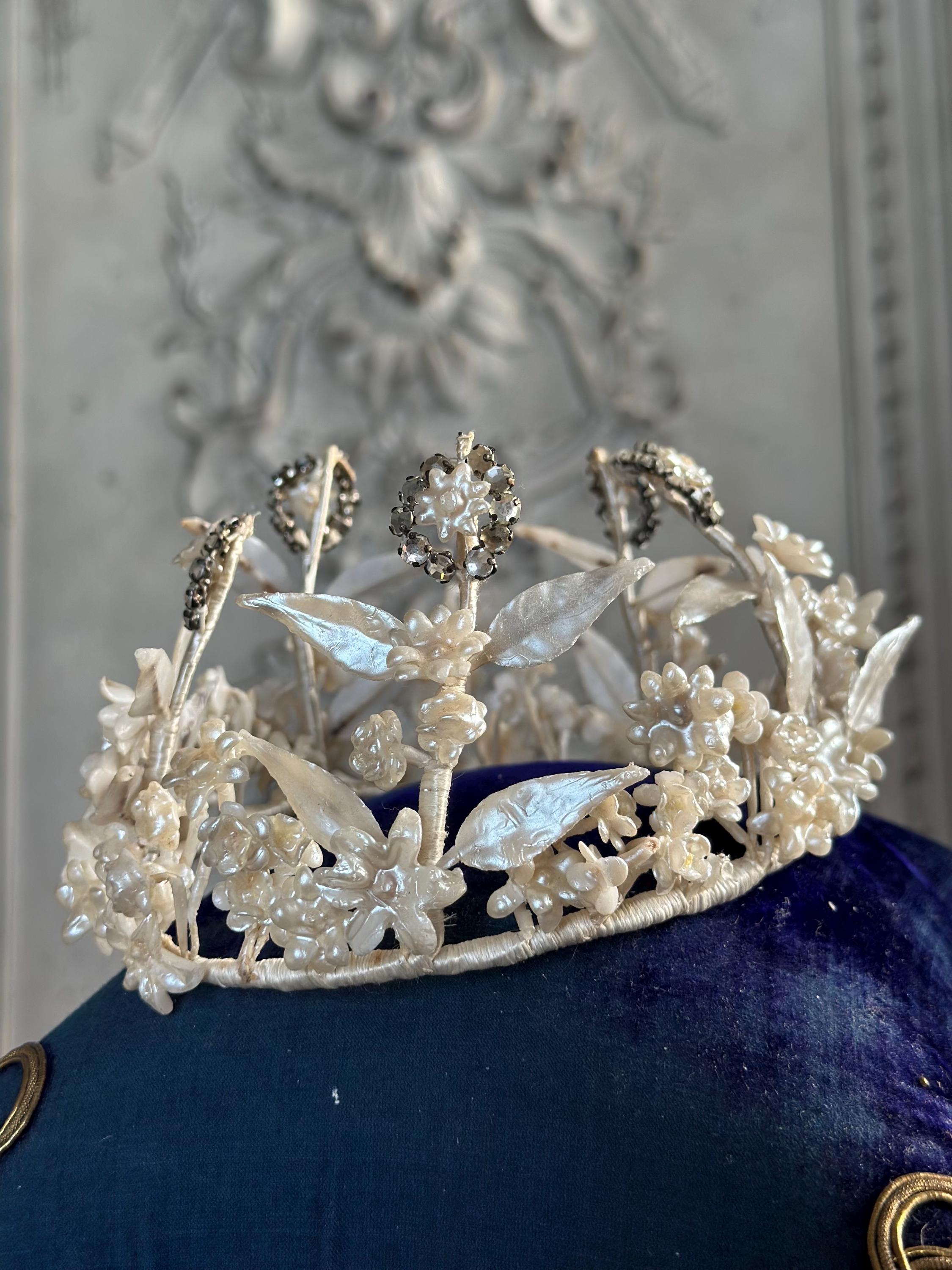 1910s 1920s Wax Elegant Handcrafted flowers and Crystals wedding Tiara