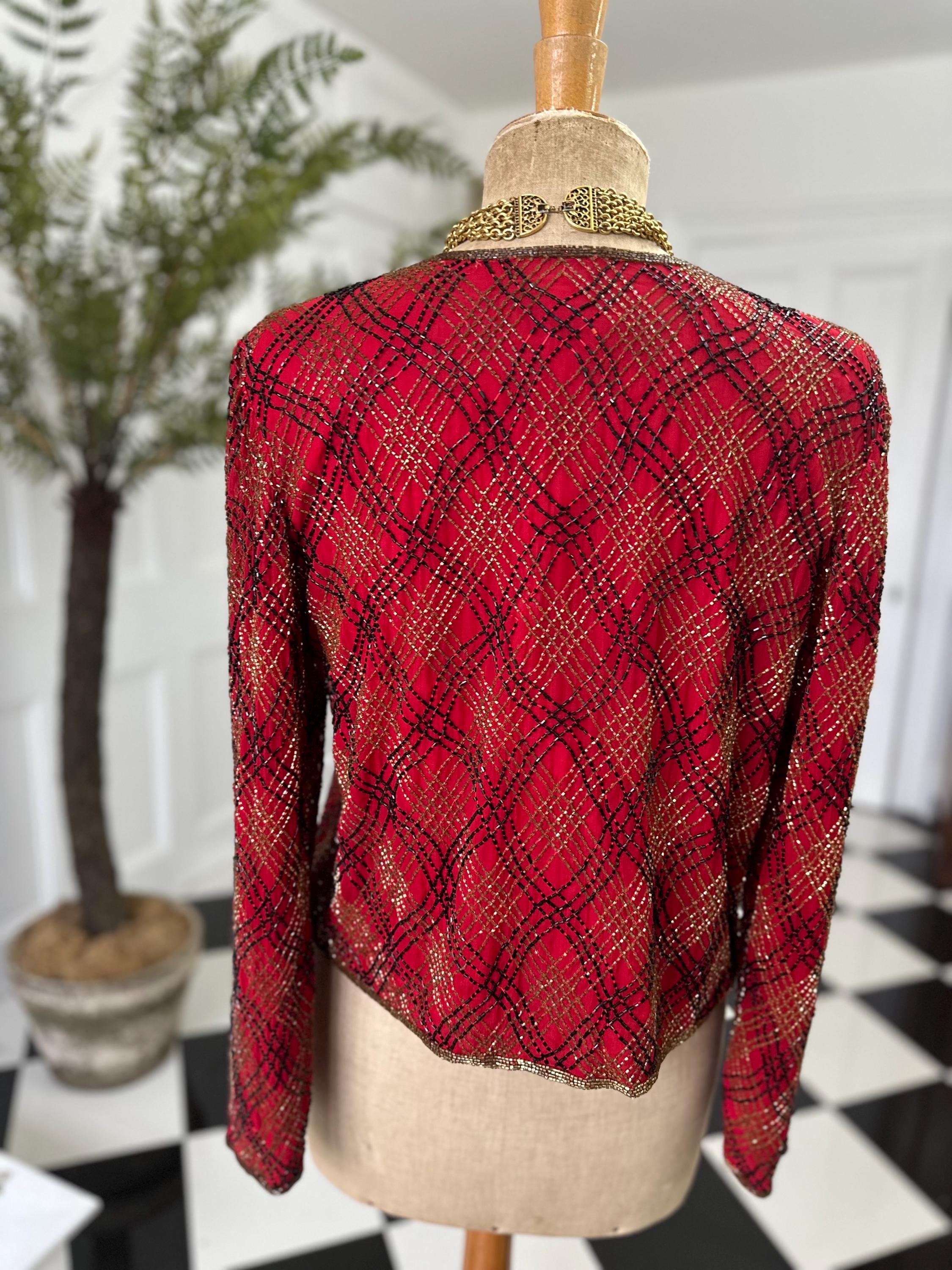 1980 silk red coctail jacket in black and gold beading