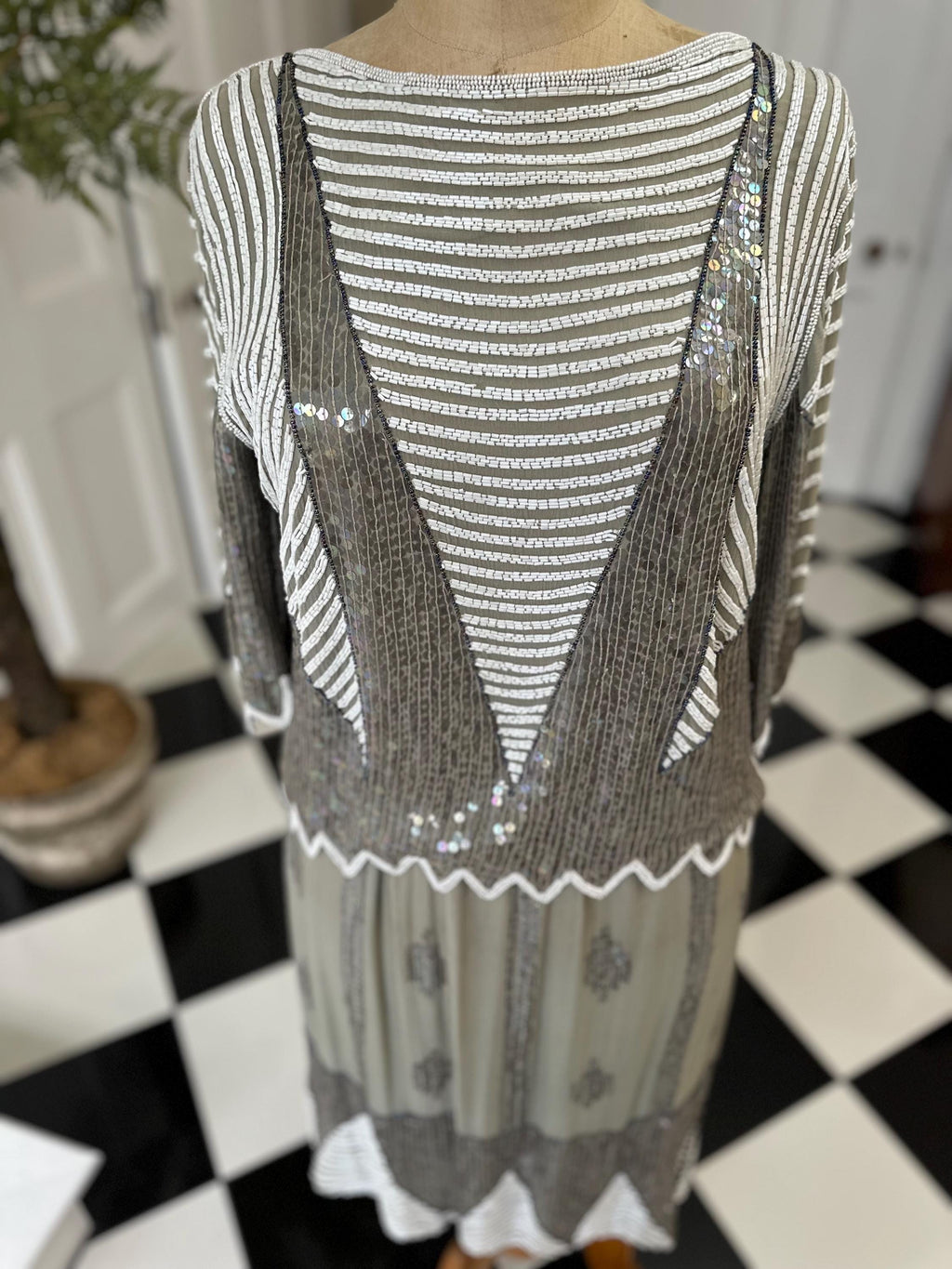 Vintage sage green and white sequin top and skirt