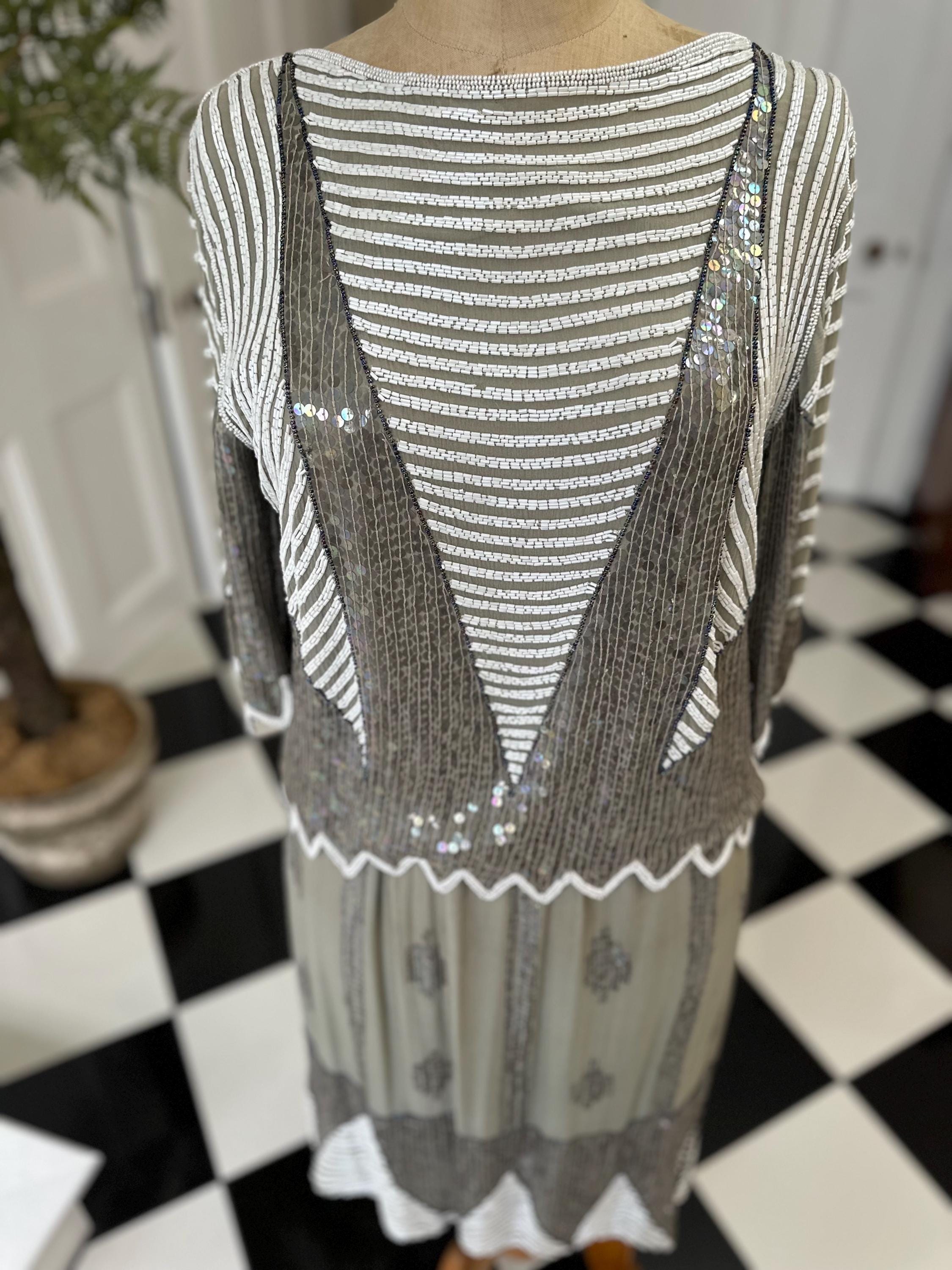 Vintage sage green and white sequin top and skirt