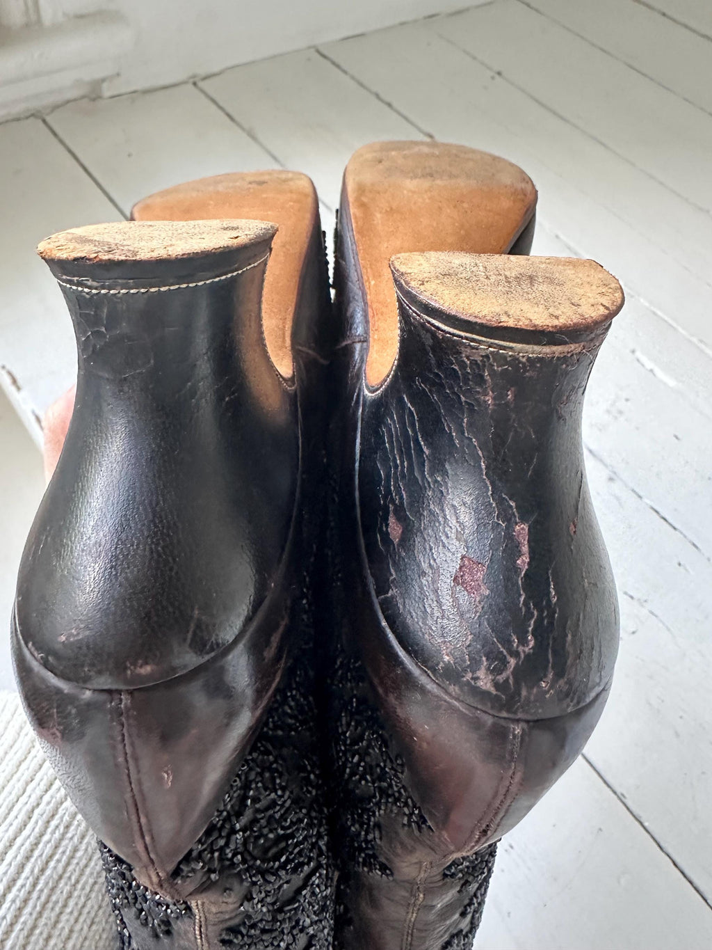 Antique Victorian shoe boots brown leather with beaded embroidery