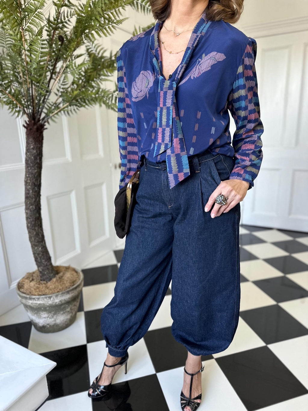 Vintage blue bussybow long sleeve blouse geometric print design