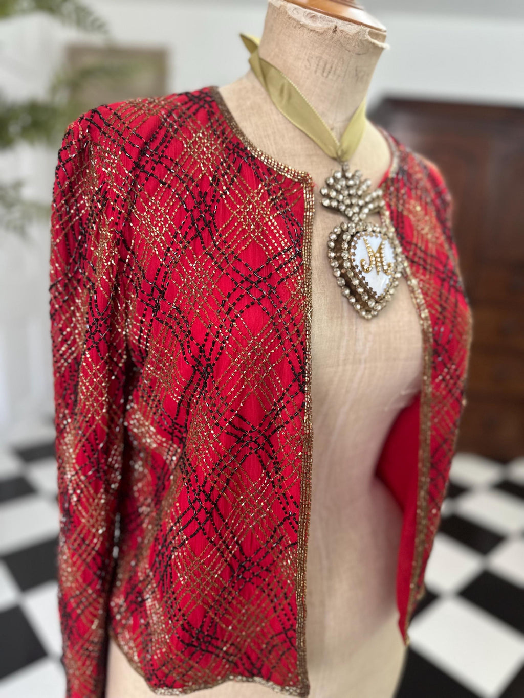 1980 silk red coctail jacket in black and gold beading