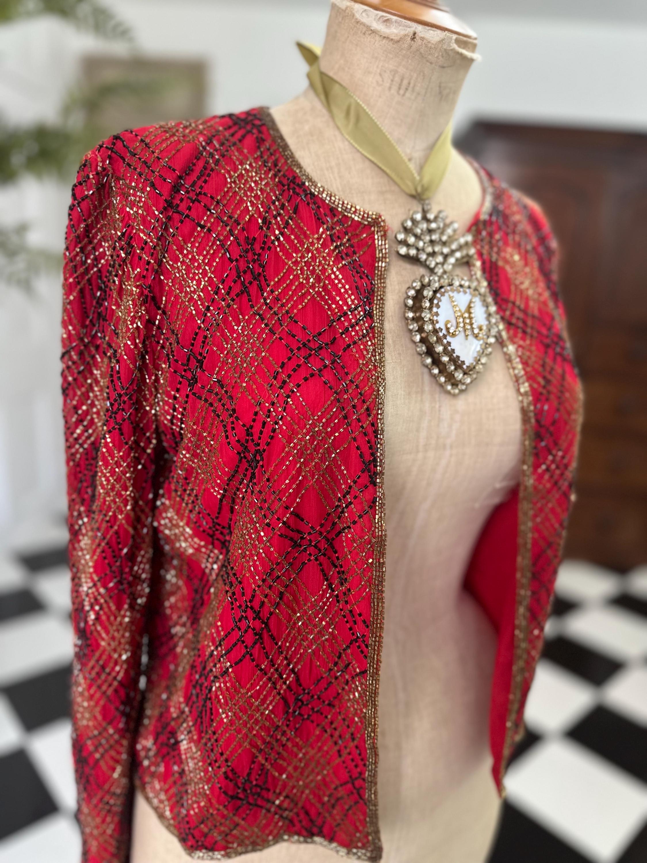 1980 silk red coctail jacket in black and gold beading
