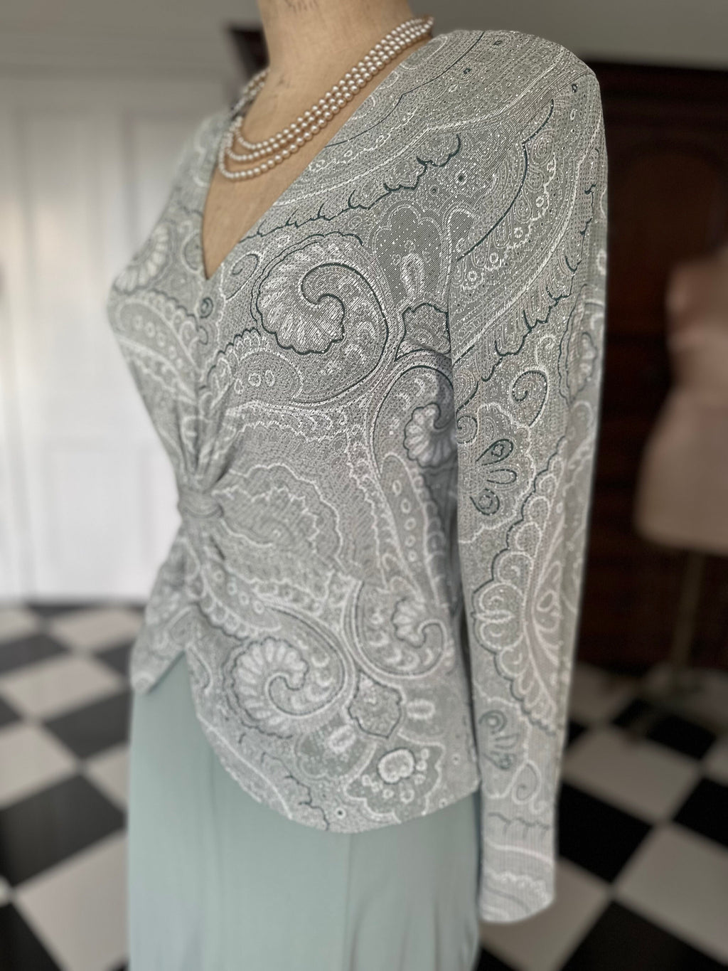 1970s Sage green dress blouse and skirt