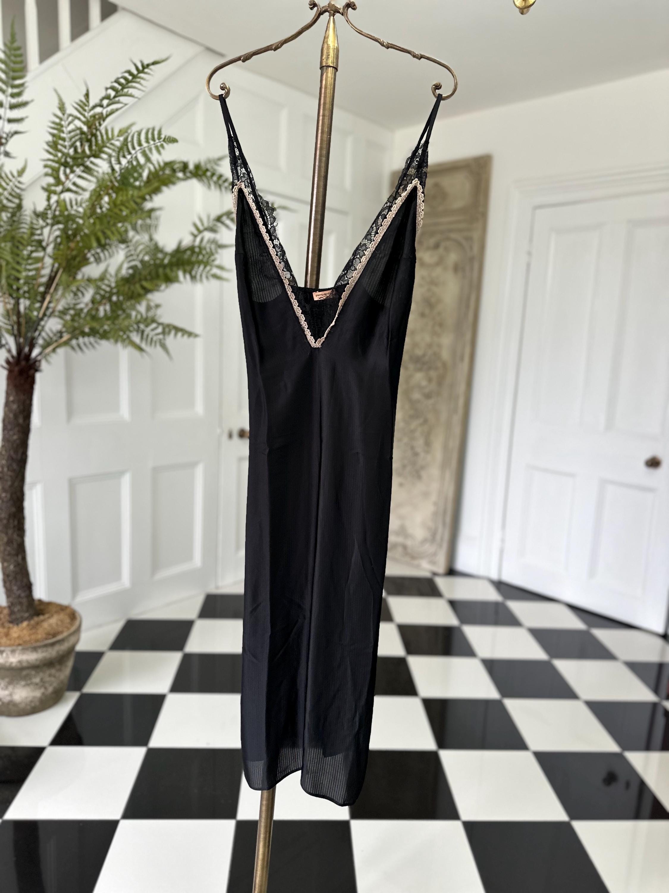 Vintage style black plunge neck lace slip dress Pierre Cardin. Extra small size