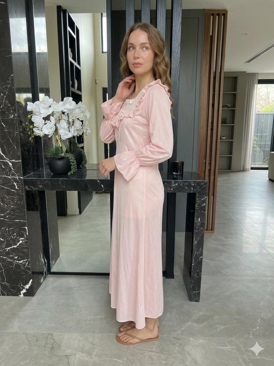 Vintage 1940s Pink Rayon Maxi Dress – Lace Ruffle Bodice, Victorian Sleepwear Gown