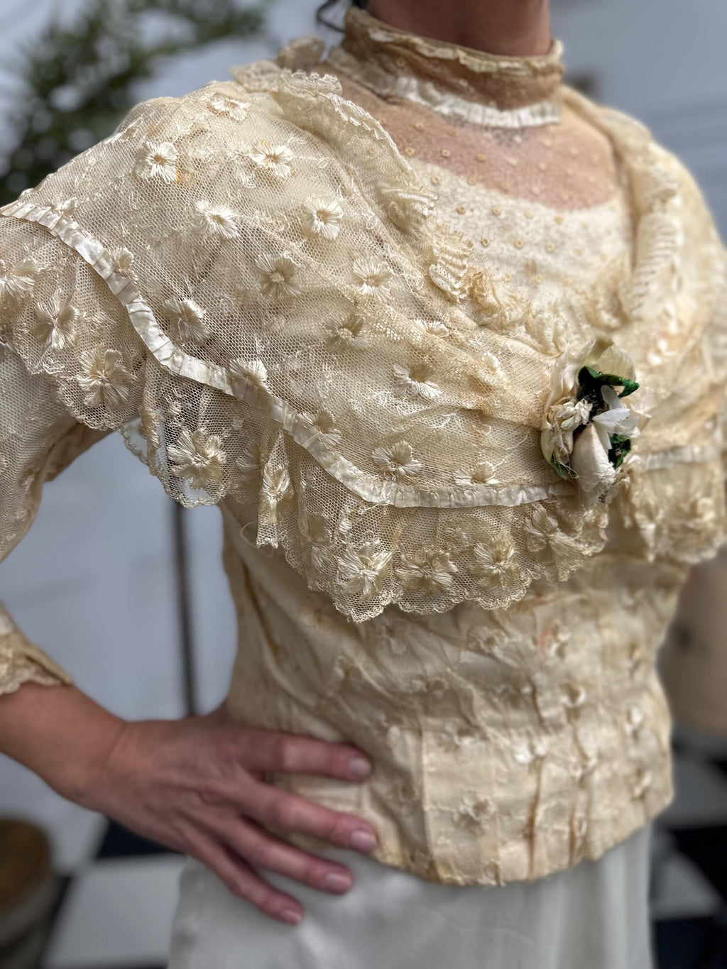 Romantic Lace Bridal Bodice Silk Embroidery with Floral Corsage and Silk Ribbon Details