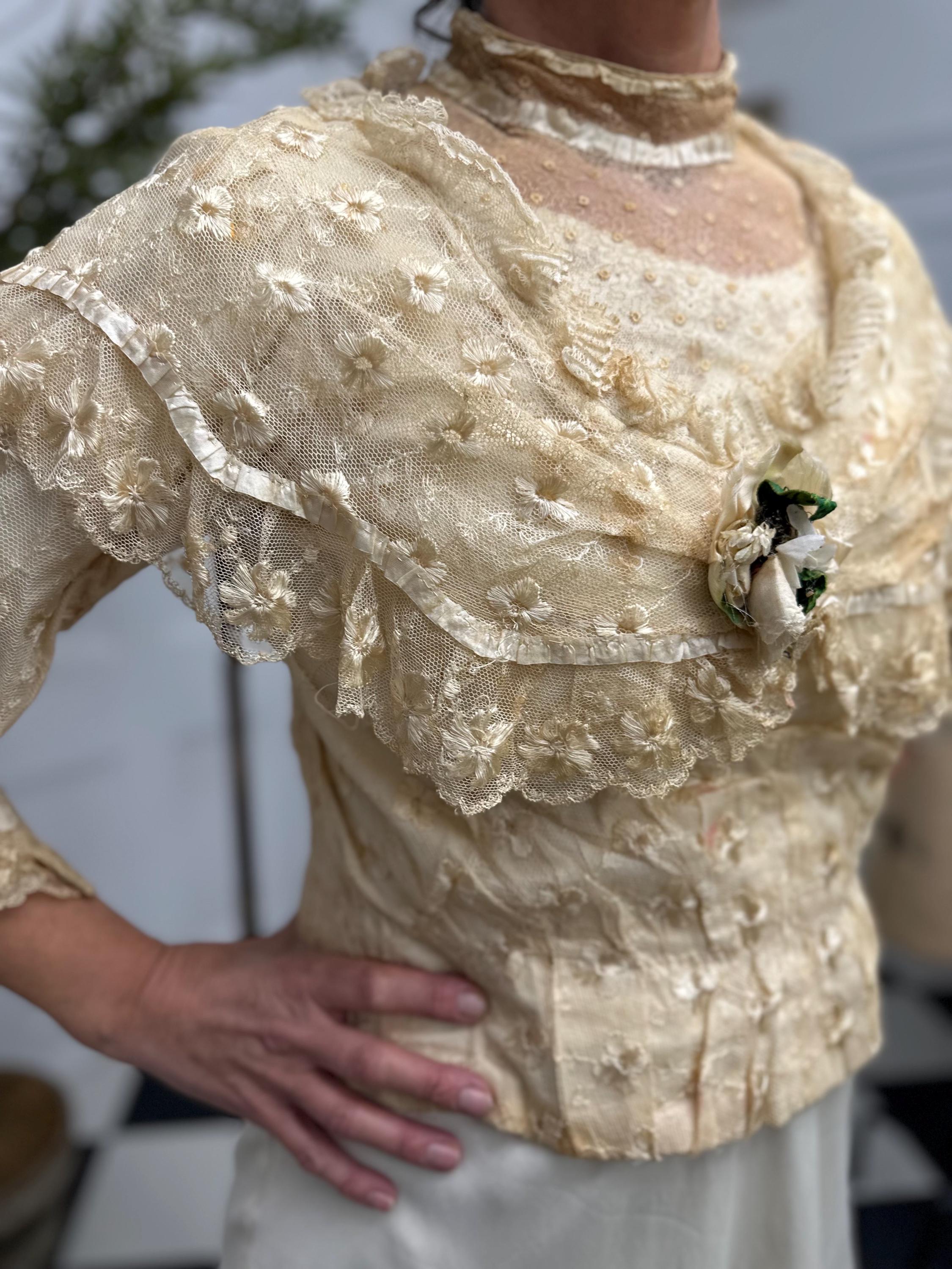 Romantic Lace Bridal Bodice Silk Embroidery with Floral Corsage and Silk Ribbon Details