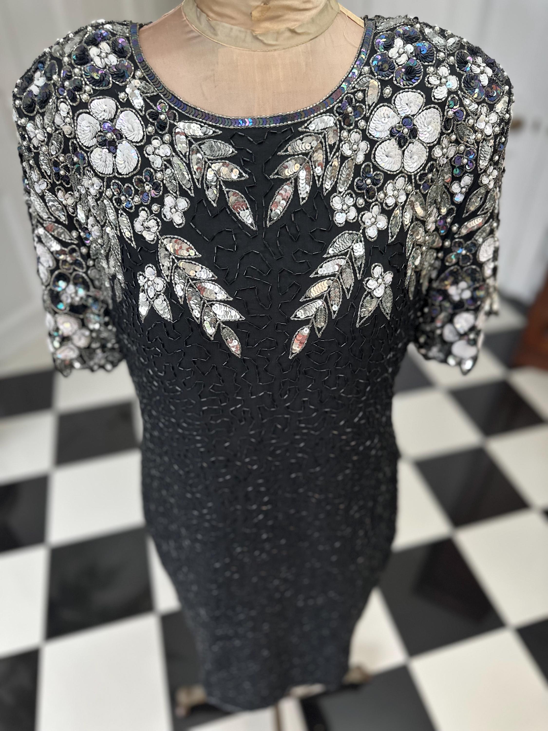 1980s black and silver beaded black tie party dress