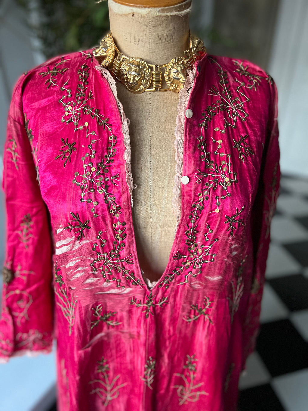 Antique Ottoman Silk Bindalli Dress: Hot Pink Zardozi Embroidery