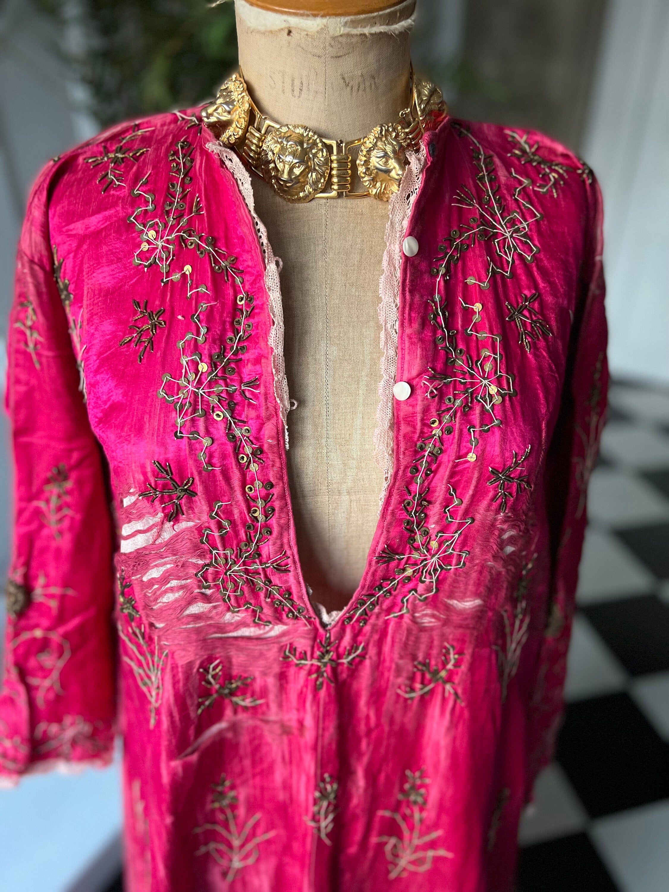 Antique Ottoman Silk Bindalli Dress: Hot Pink Zardozi Embroidery