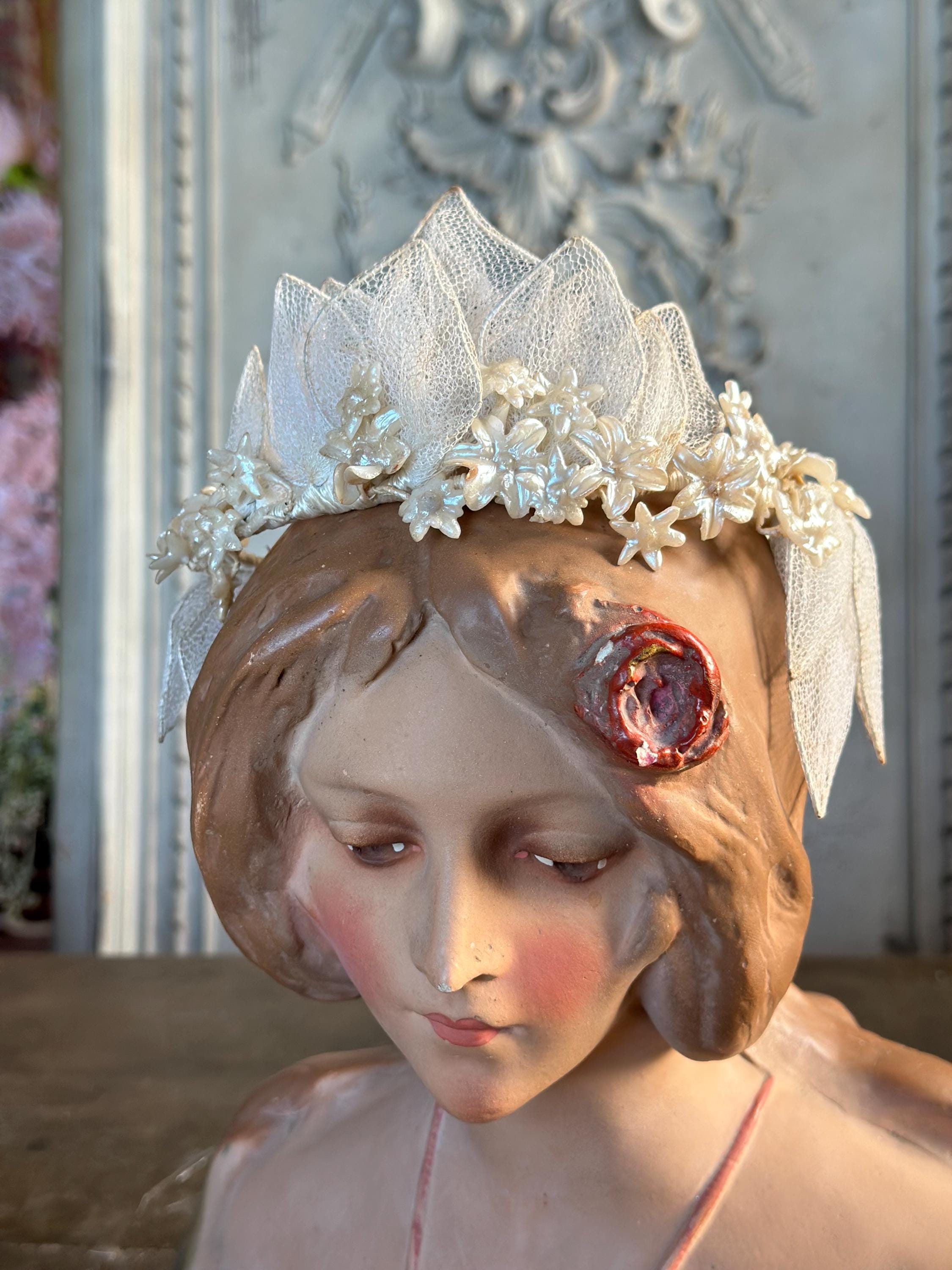 Antique 1940s  Floral Wax Tiara with tulle