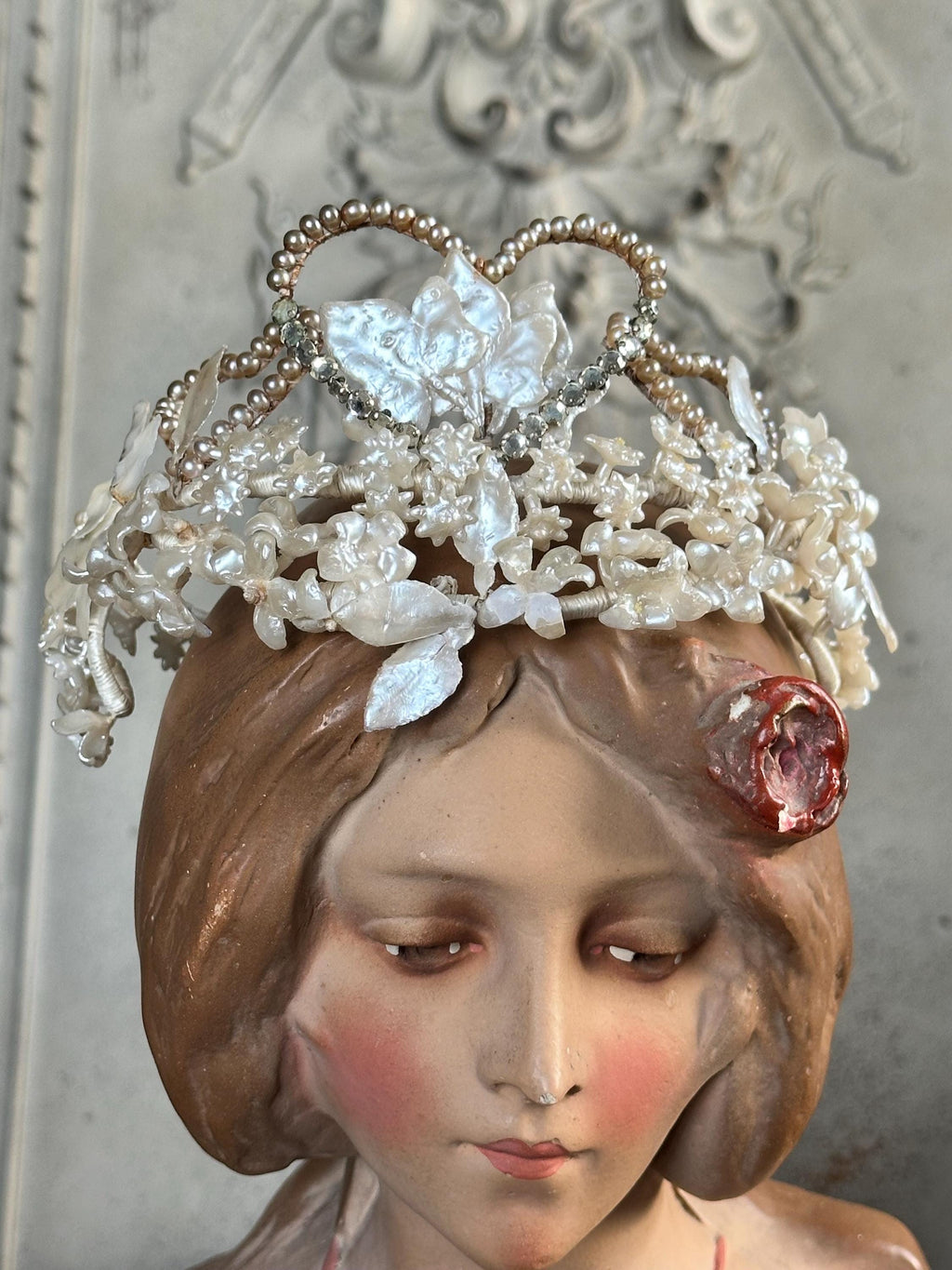 Vintage Floral Wax Tiara with Heart Accents 1930s 40s