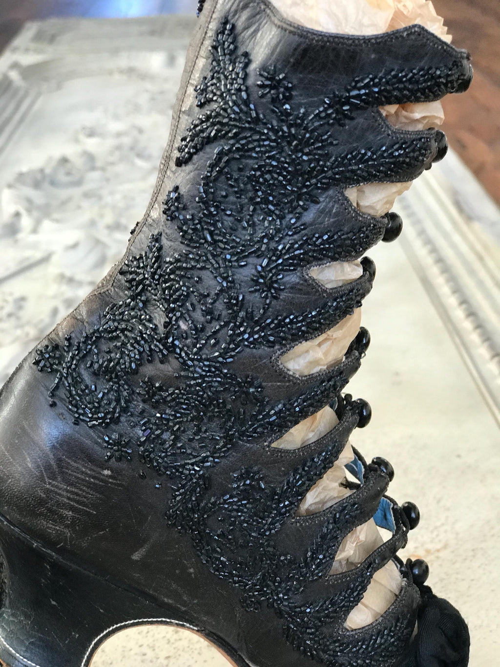 Antique Victorian shoe boots brown leather with beaded embroidery