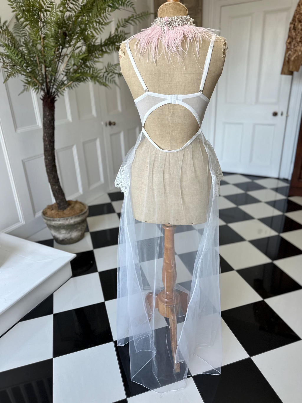 The Seraphina corded lace bridal bustier gown with scolloped peplum and tiered tulle