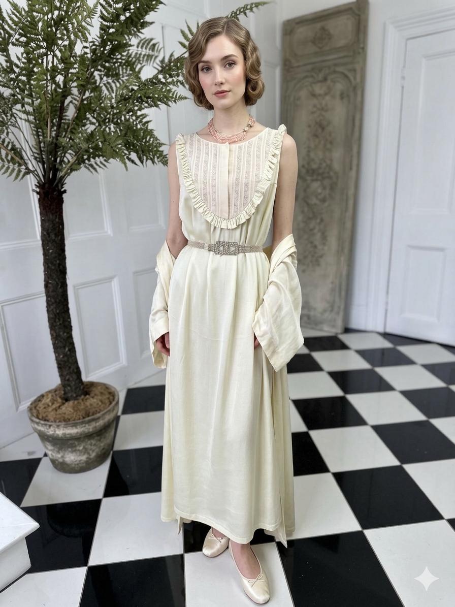1940s Pale Green Smock Silk Dress with Hand Embroidery