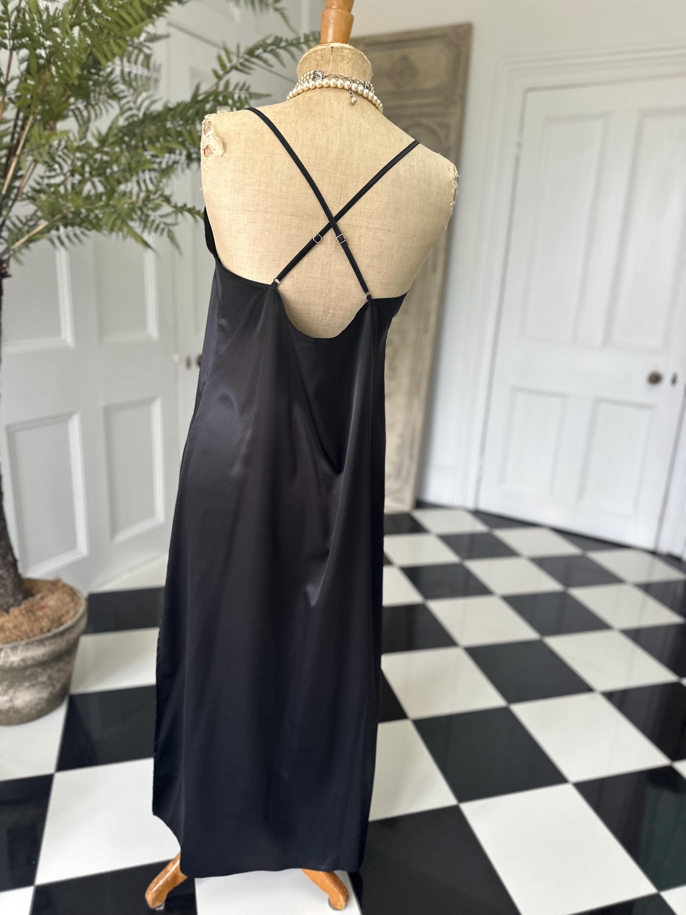 Vintage style long bias cut black slip dress.