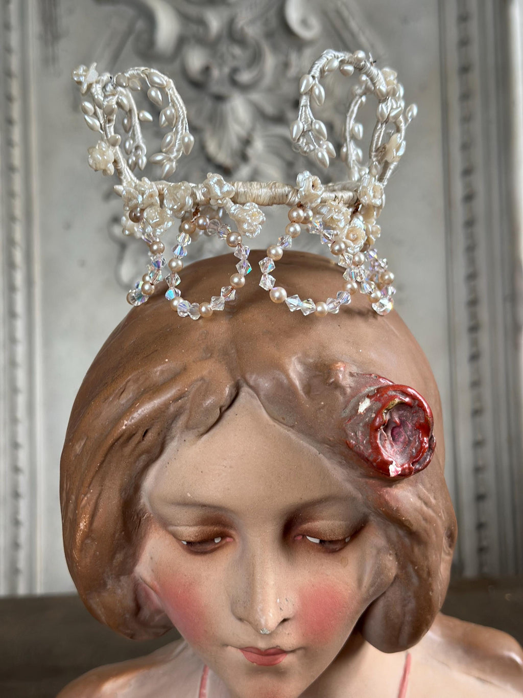 Charming Floral Wax Tiara with Crystal Accents 1930s 40s