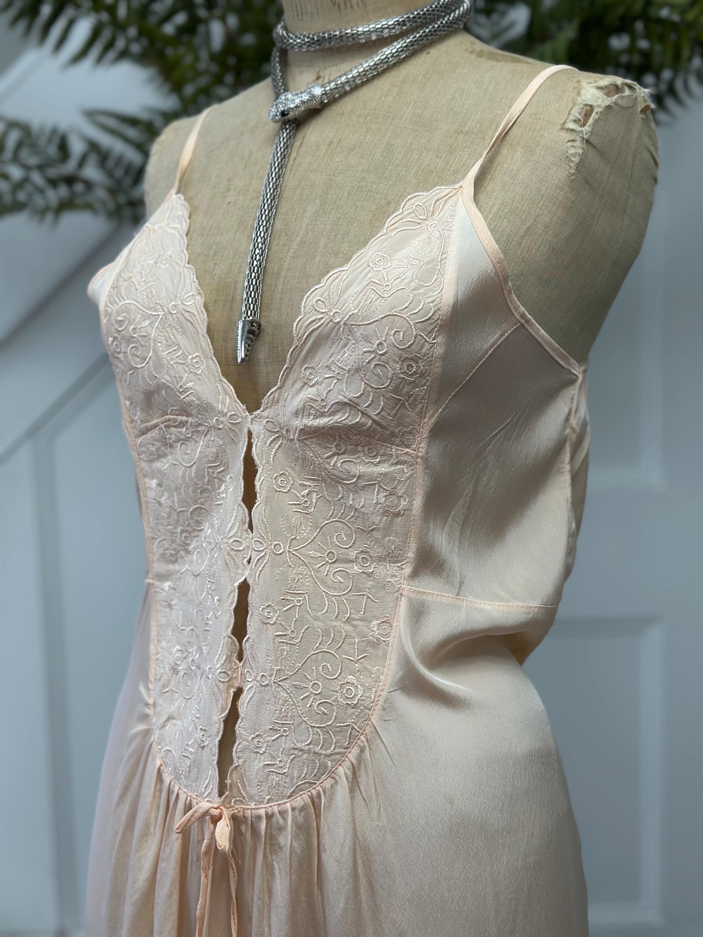 Vintage 1970s Peach Strappy Slip Dress with Heavy Embroidery