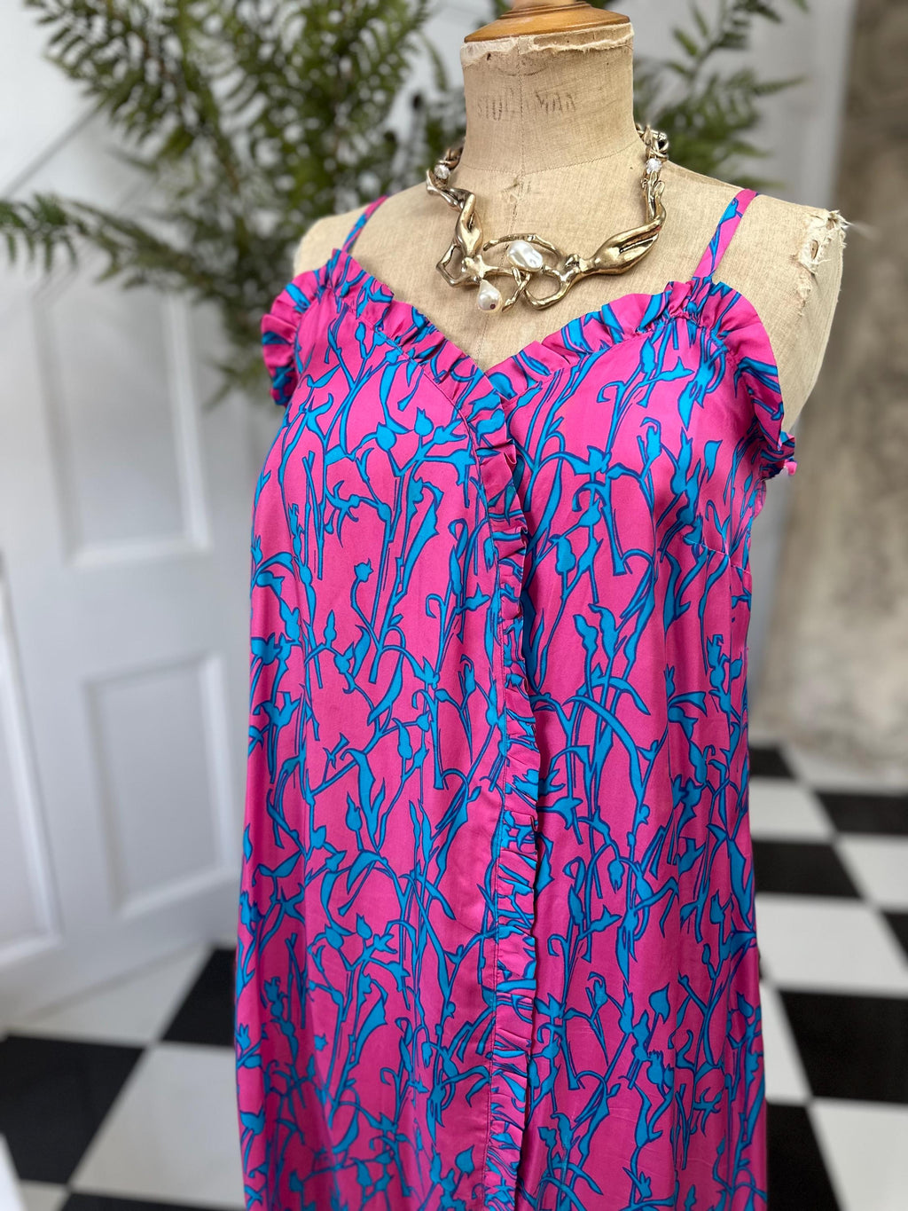 1970s Vintage silk spaghetti summer dress in hot pink and turquoise