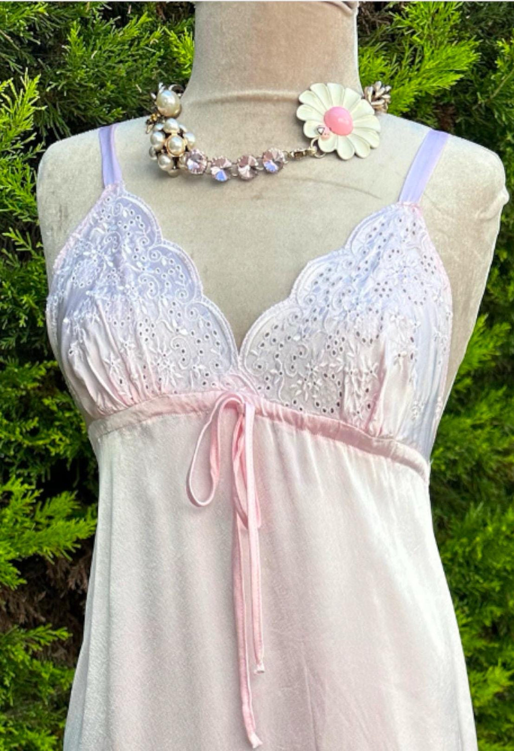 1970 Vintage long pink slip dress with embroidery